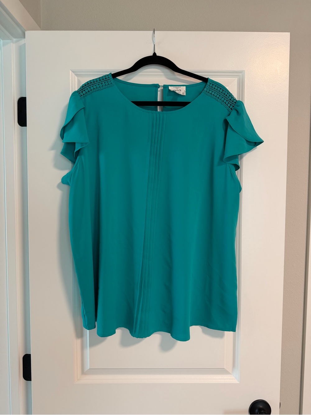 Teal Ruffle Sleeve Blouse with Crochet Shoulder Detail 2X